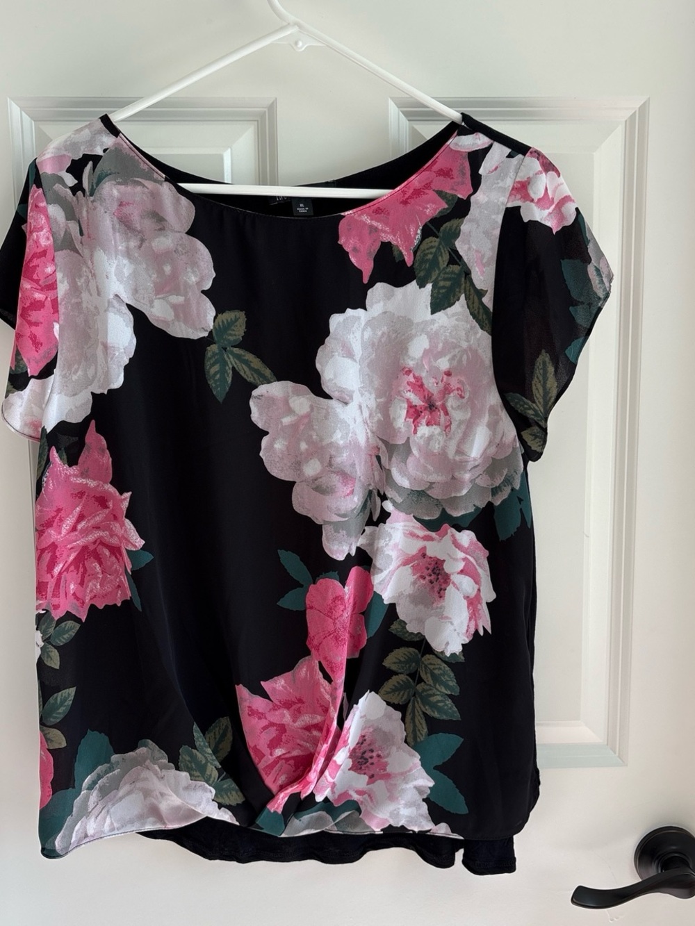 INC International Concepts Black Blouse with Pink & White Floral Print